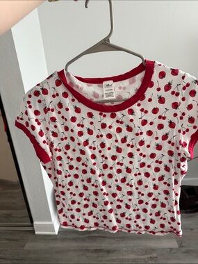 Frankie’s bikinis pink White Tee with Red Cherry & Strawberry Print